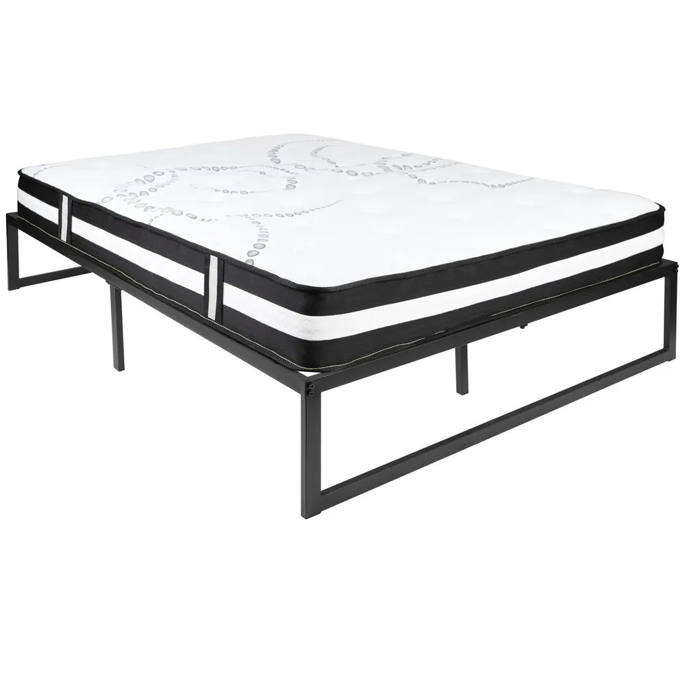 14 Inch Metal Platform Bed Frame With 12 Inch Pocket Spring Mattress In A Box (No Box Spring Required) - Full By Flash Furniture