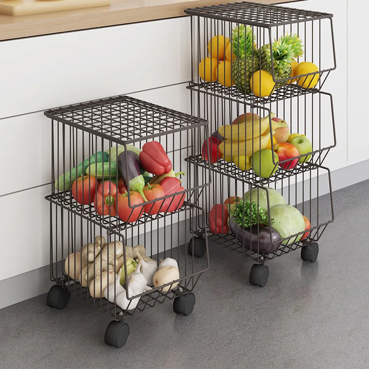 2 Tier Kitchen Rolling Cart Fruit Vegetable Basket Stand Brown