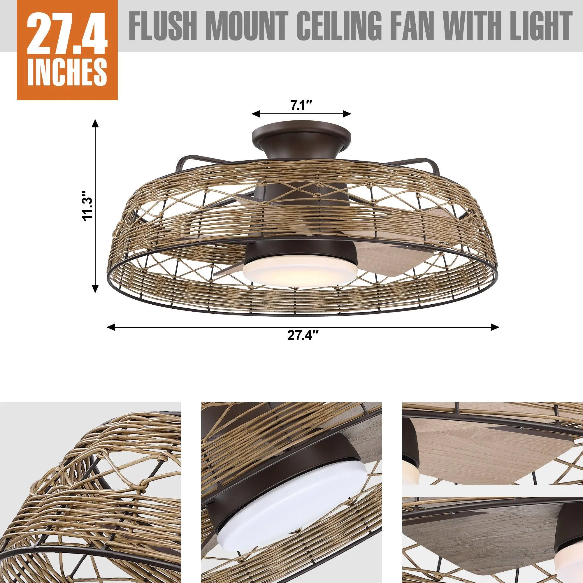 27" Reversible Flush Mount Ceiling Fan