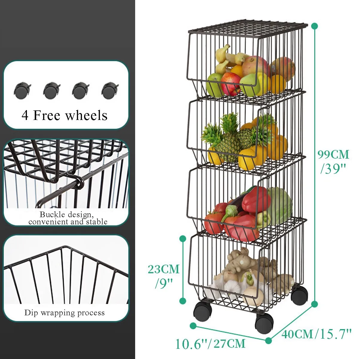 4 Tier Kitchen Rolling Cart Fruit Vegetable Basket Stand Brown