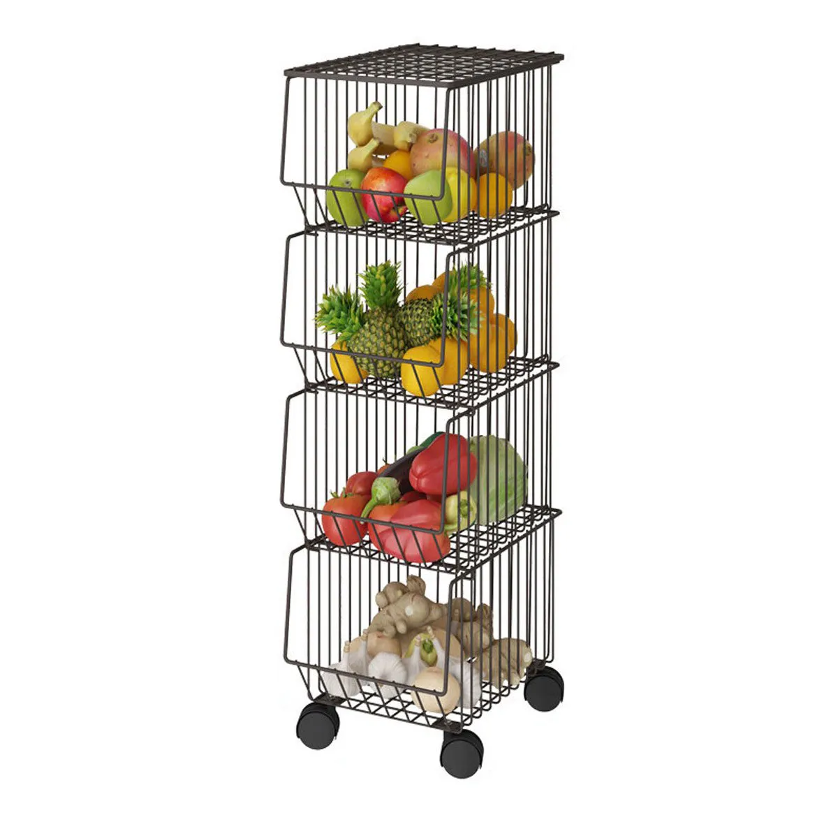 4 Tier Kitchen Rolling Cart Fruit Vegetable Basket Stand Brown