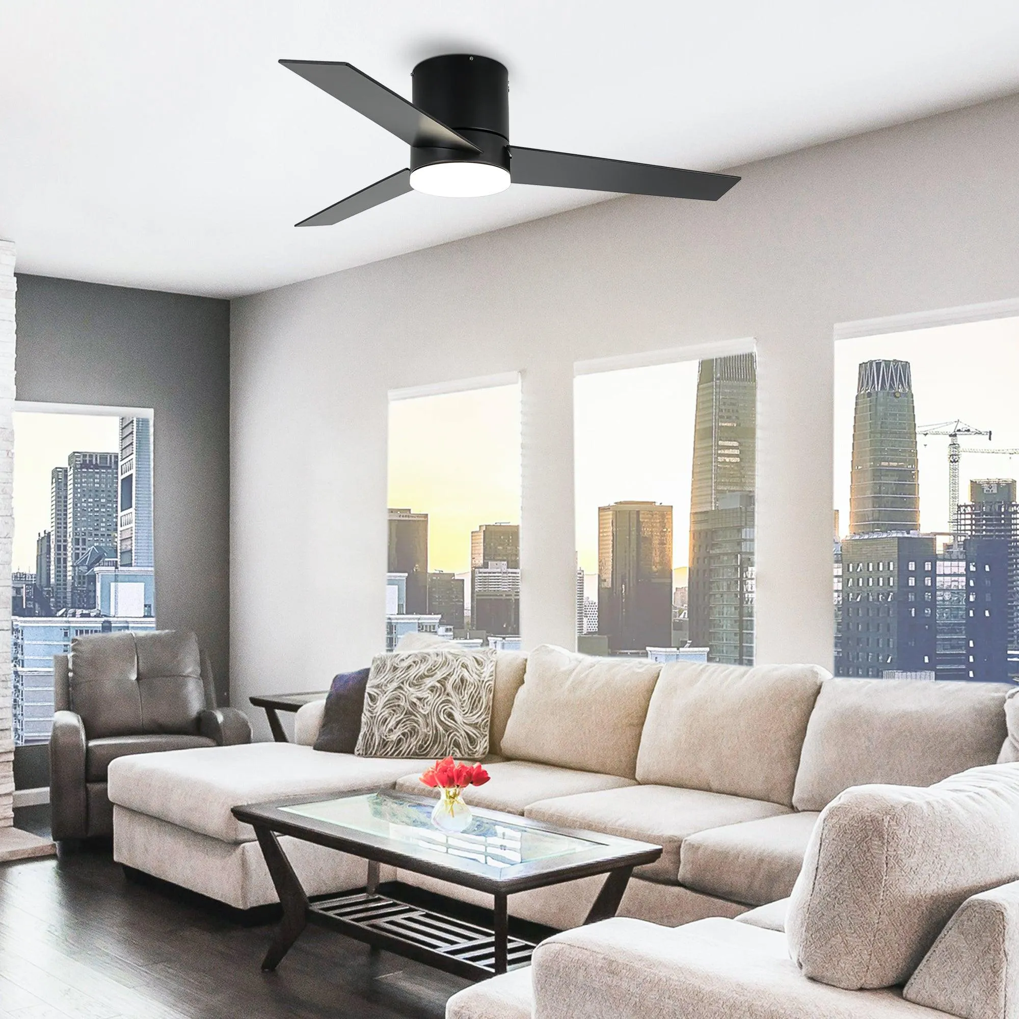 48" Flush Mount Ceiling Fan 3 Blades with LED Lighting and Remote Control