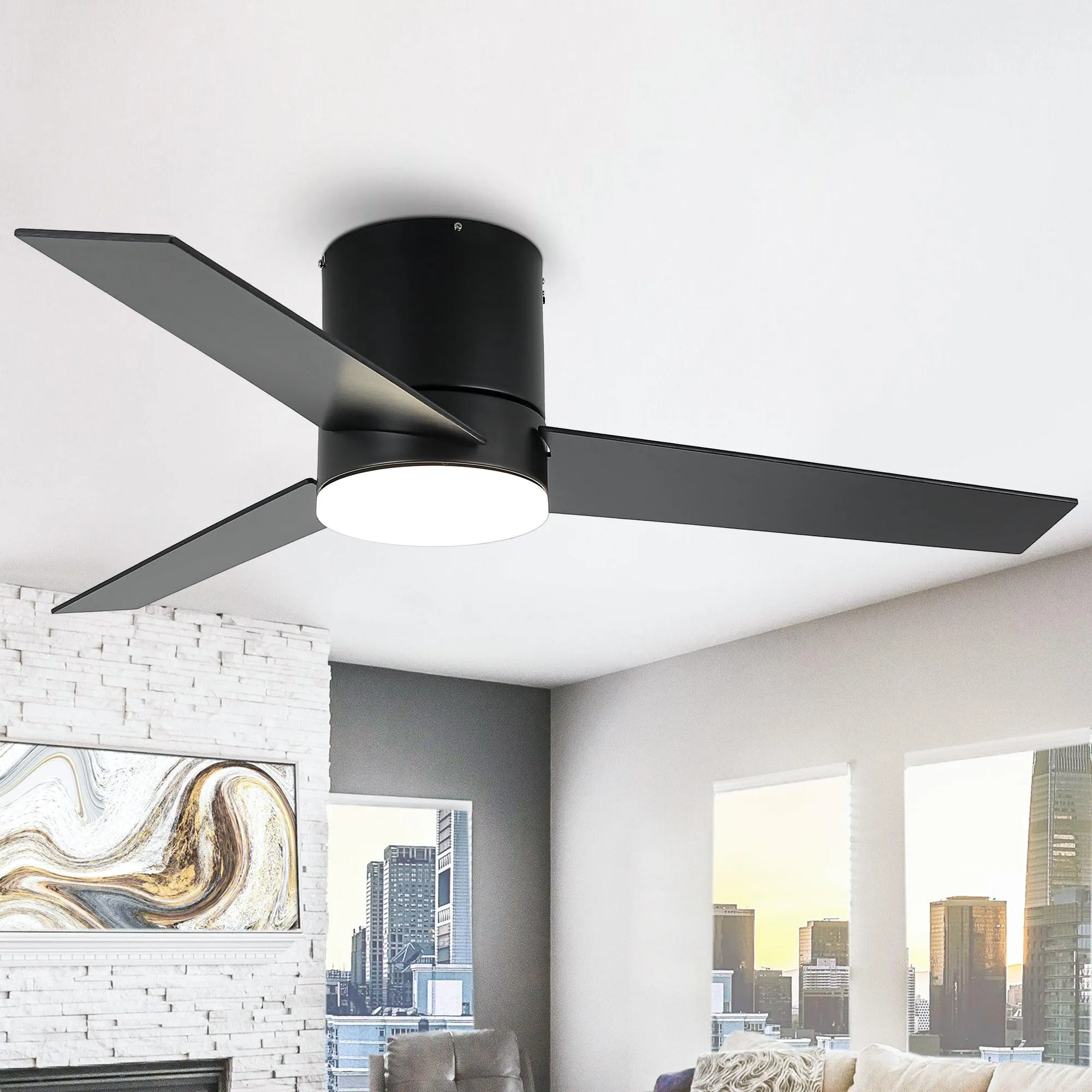 48" Flush Mount Ceiling Fan 3 Blades with LED Lighting and Remote Control