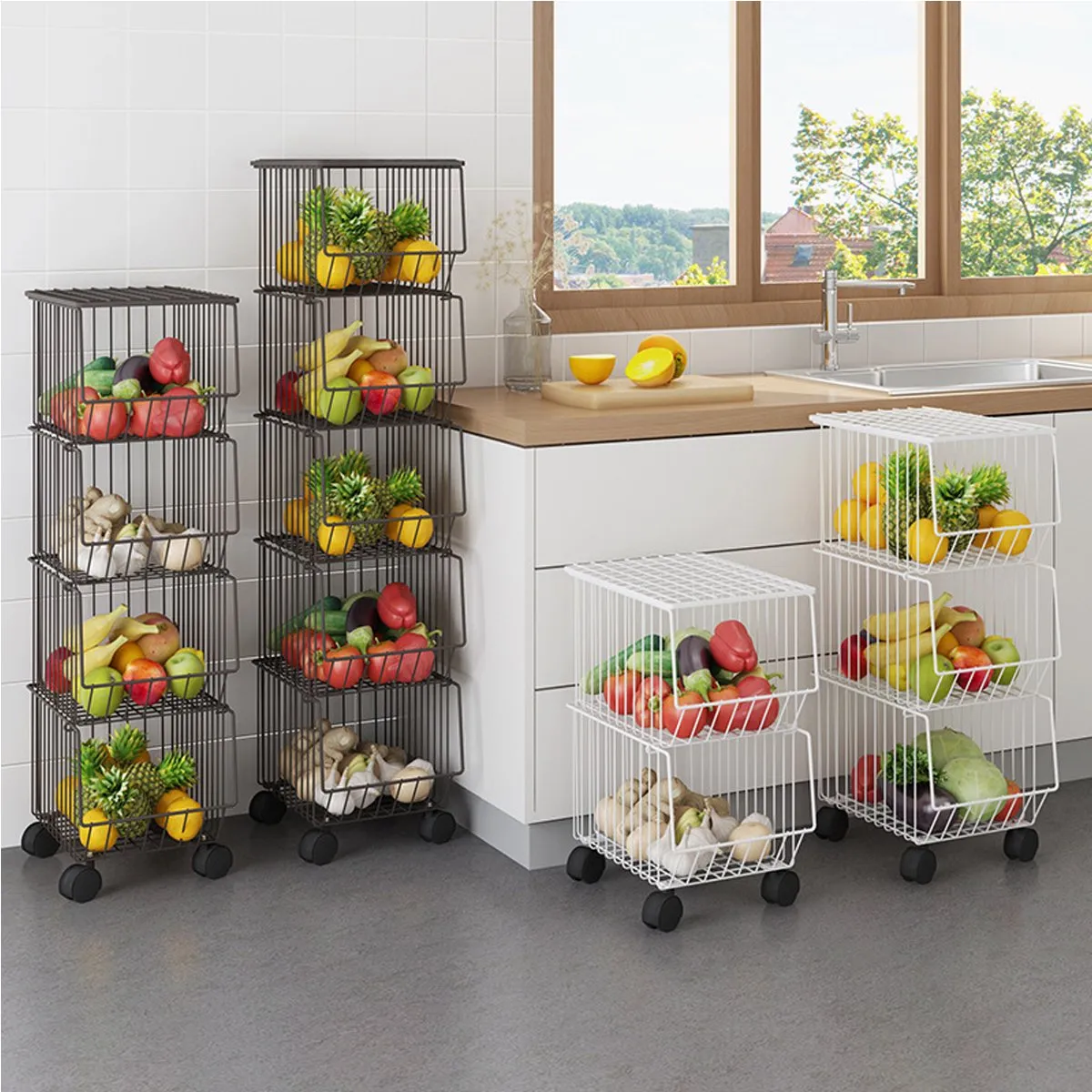 5 Tier Kitchen Rolling Cart Fruit Vegetable Basket Stand Brown