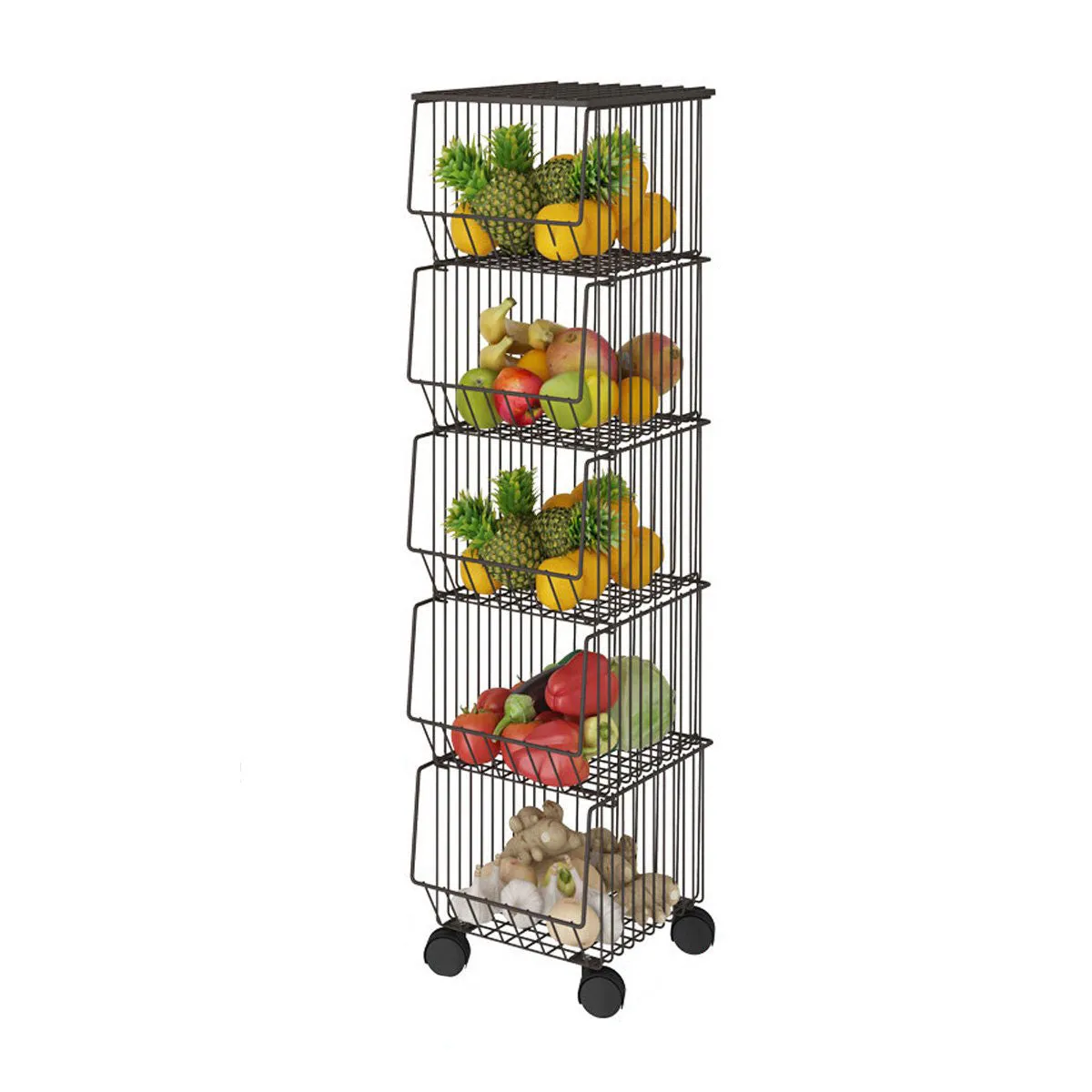 5 Tier Kitchen Rolling Cart Fruit Vegetable Basket Stand Brown