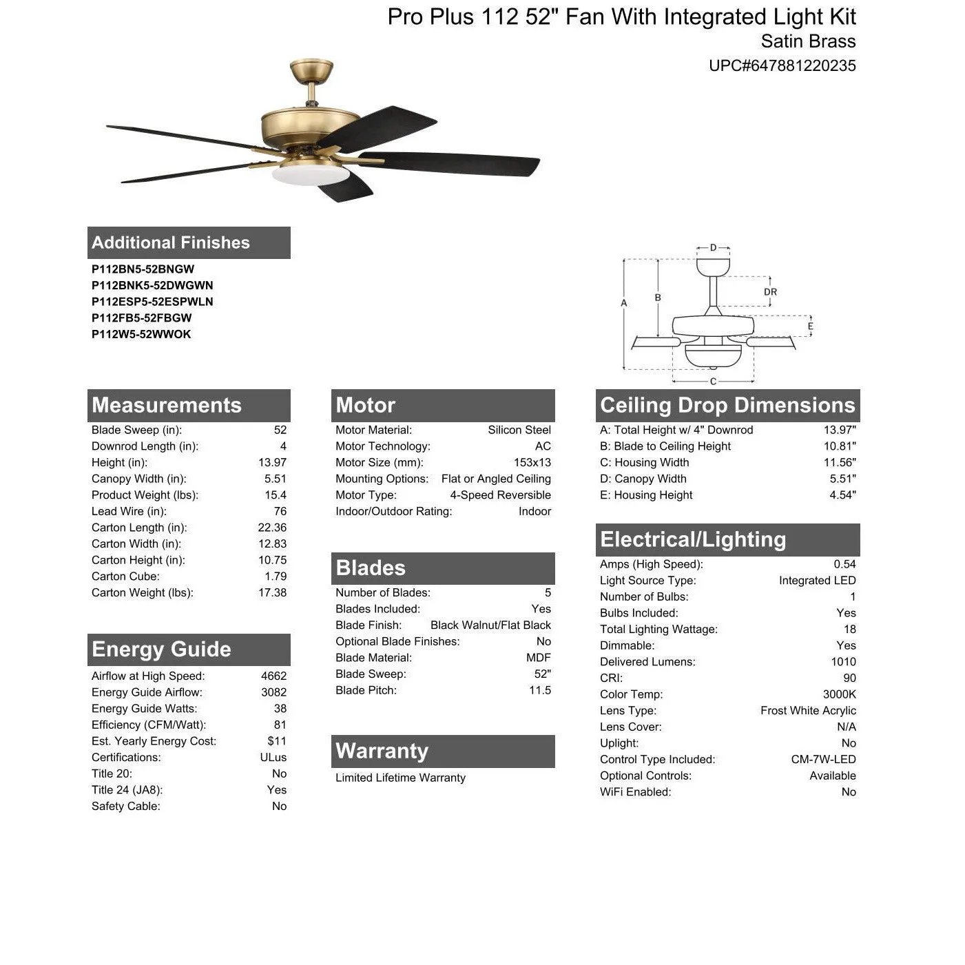 52" Pro Plus 112 in Satin Brass w/ Black Walnut/Flat Black Blades