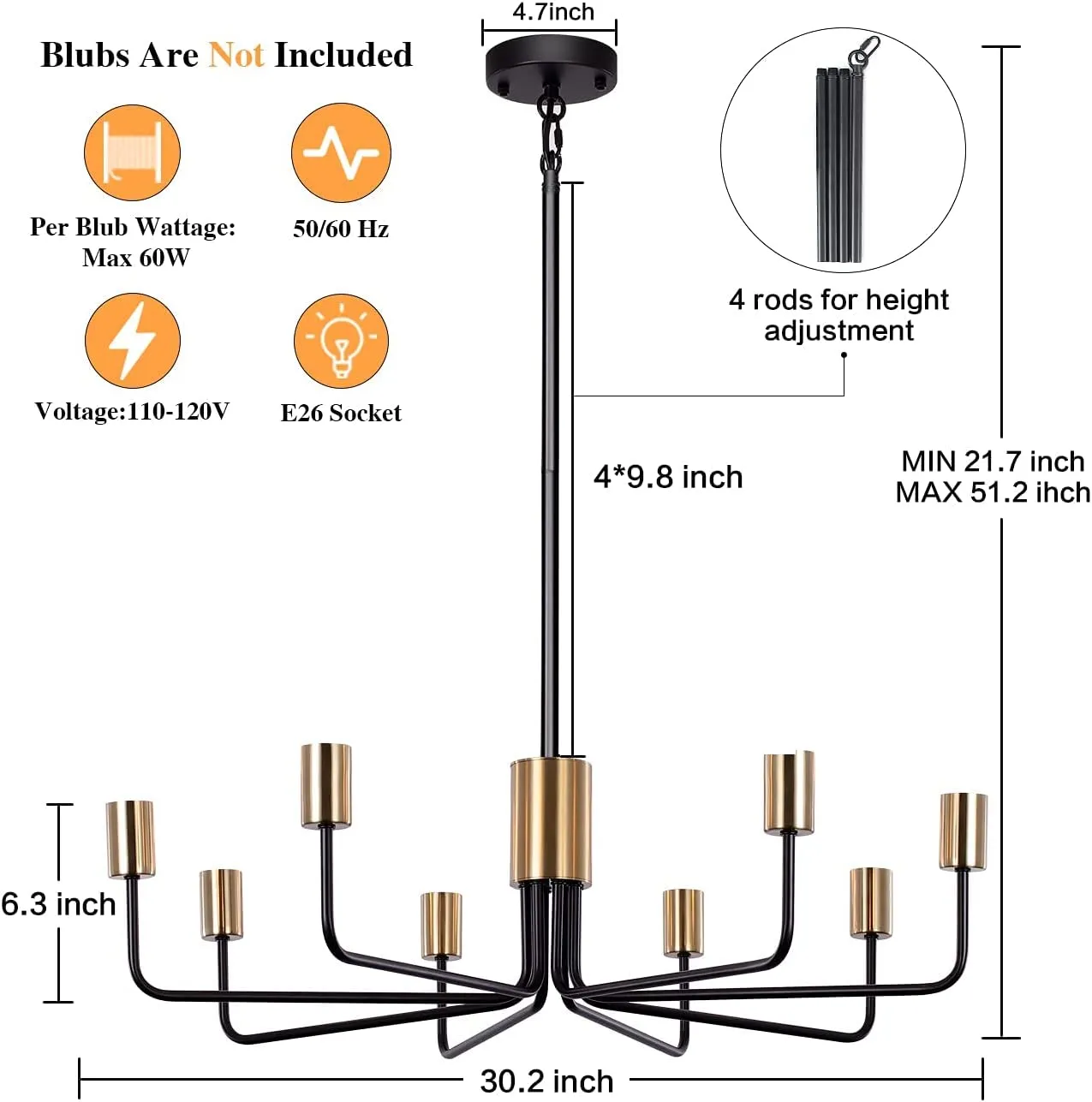 8 Lights Modern Chandelier Vintage Industrial