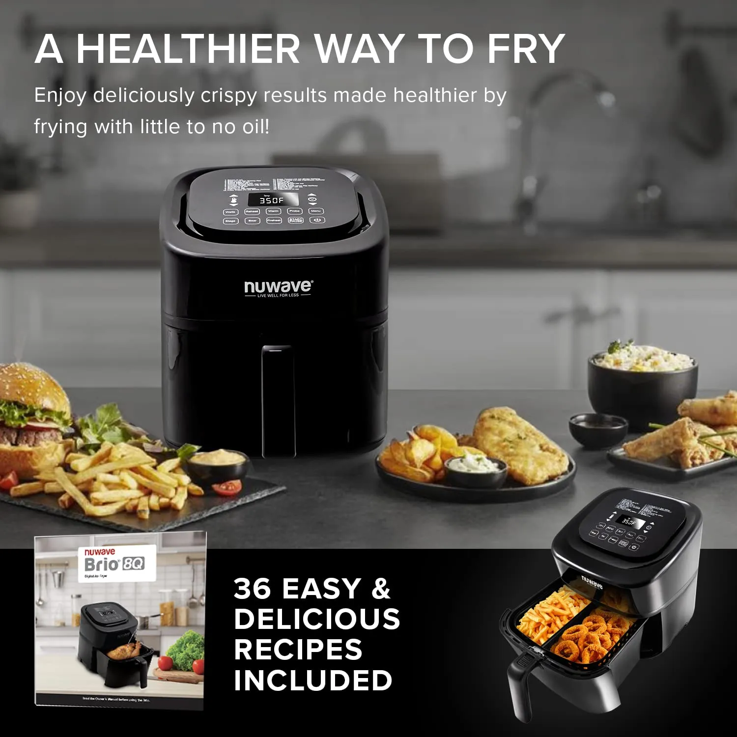 8-Qt Air Fryer, Powerful 1800W, Easy-to-Read Cool White Display, 50°-400°F Temp Controls, 100 Pre-Programmed Presets &amp; 50 Memory Slots