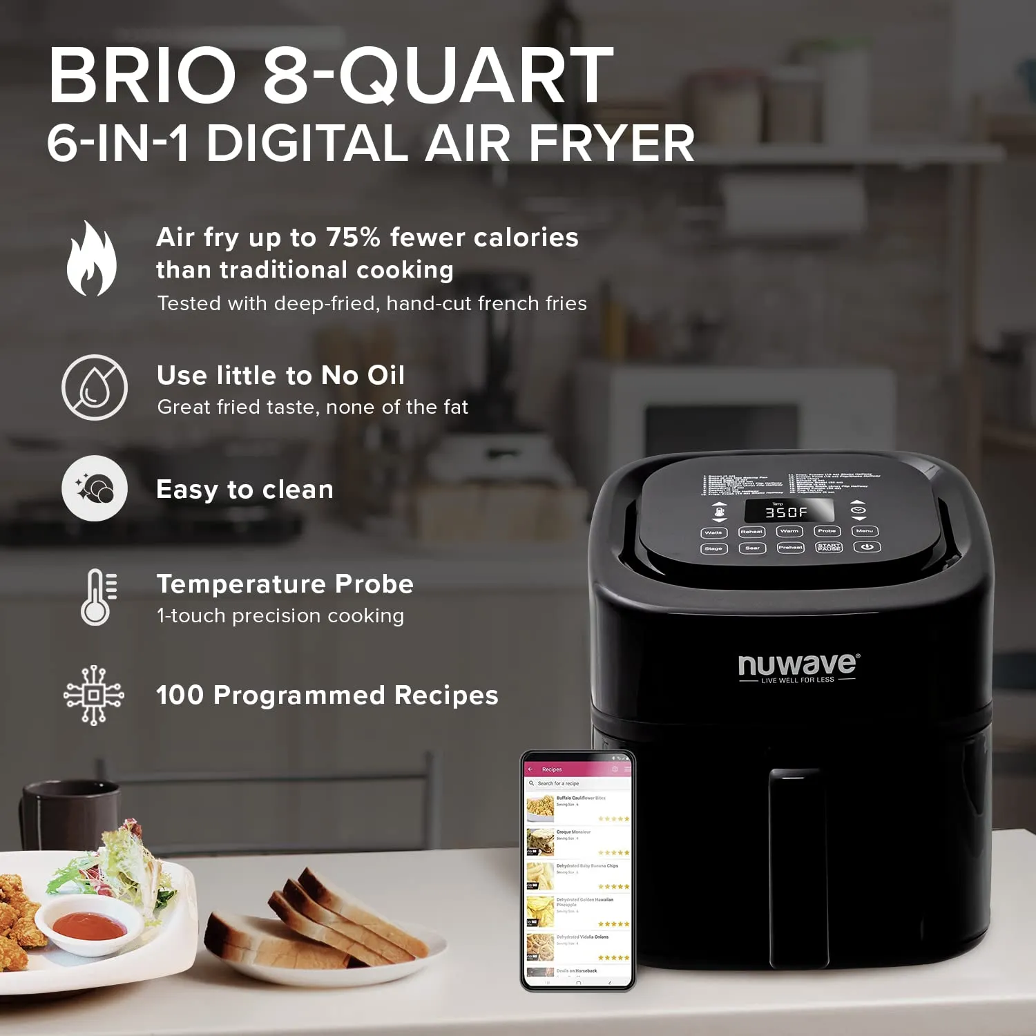 8-Qt Air Fryer, Powerful 1800W, Easy-to-Read Cool White Display, 50°-400°F Temp Controls, 100 Pre-Programmed Presets &amp; 50 Memory Slots