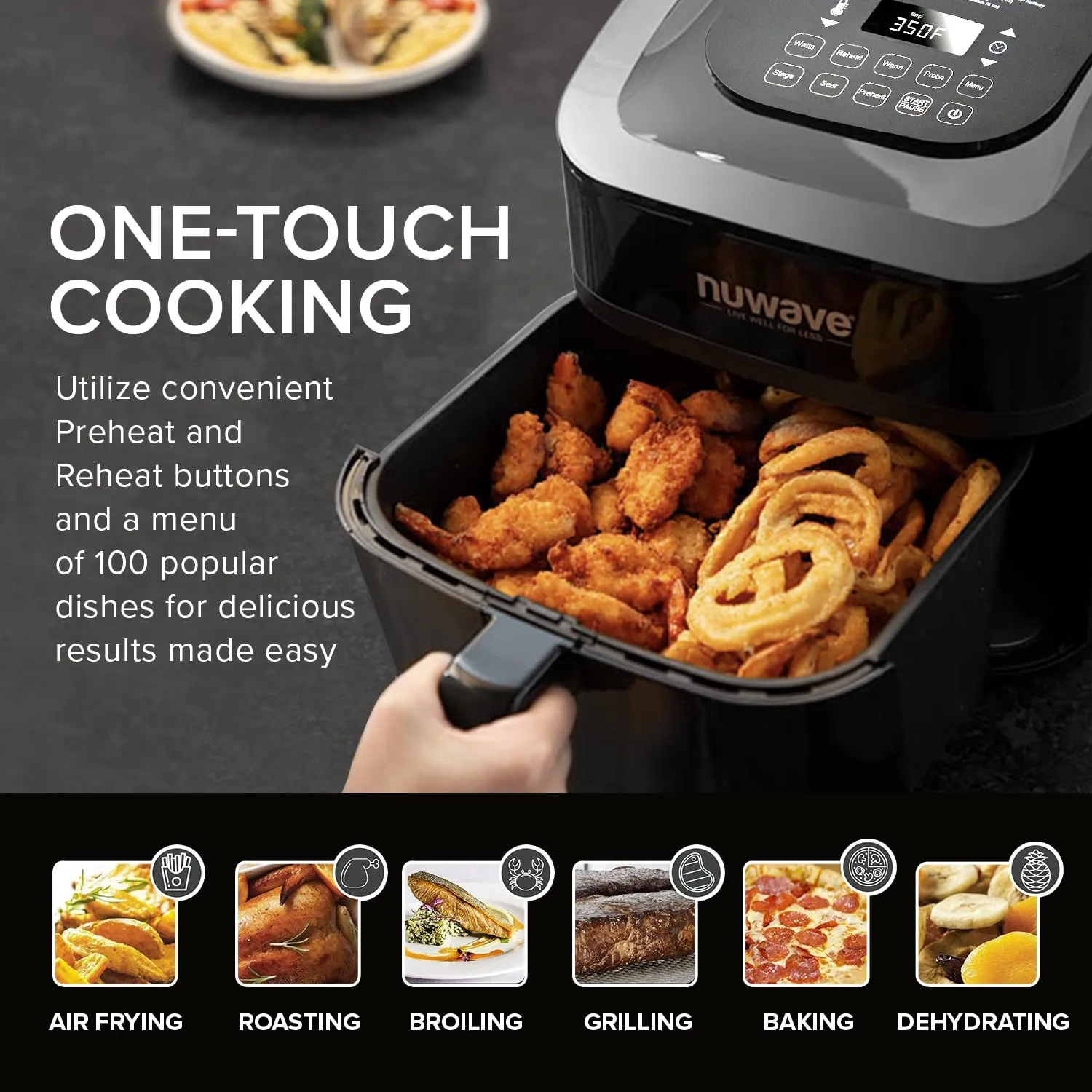 8-Qt Air Fryer, Powerful 1800W, Easy-to-Read Cool White Display, 50°-400°F Temp Controls, 100 Pre-Programmed Presets &amp; 50 Memory Slots