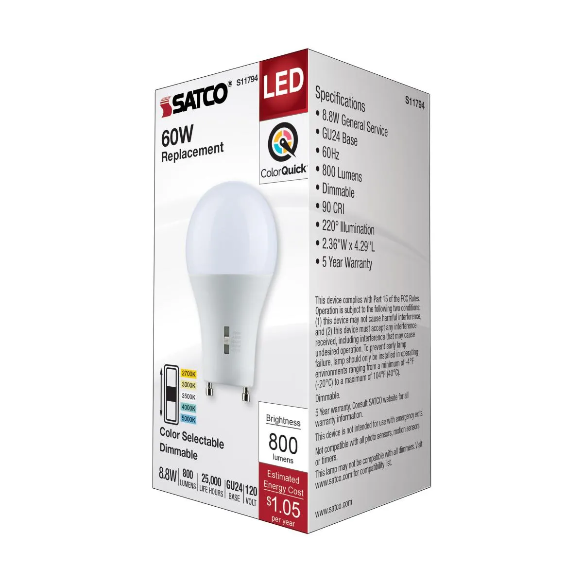 A19 LED Bulb, 9 Watts, 800 Lumens, Selectable 2700K to 5000K, GU24 Base, Frosted Finish