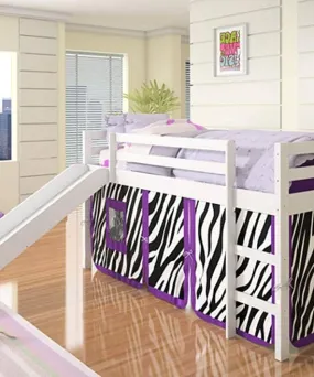 Alexis Kids Loft Bed with Slide and Purple Zebra Tent