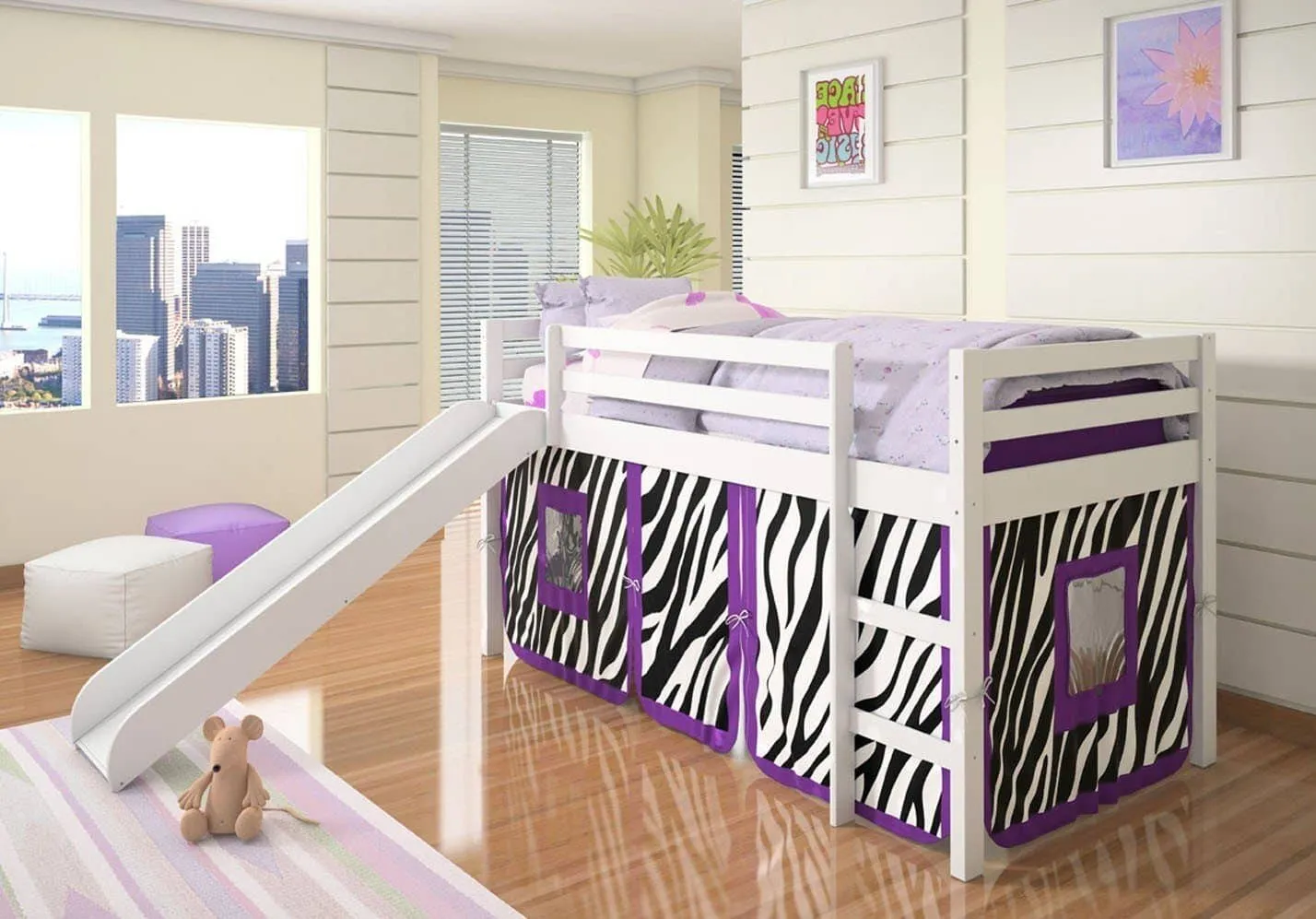 Alexis Kids Loft Bed with Slide and Purple Zebra Tent