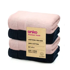 Anko Australia 100% Cotton 700 GSM Large Plush Bath Towel | Set of 4 | Super-Soft, Absorbent, Quick-Drying | Navy Blue & Pink Towel for Men, Women & Kids | 135x68 cm |Travel, Gym, Spa Towel