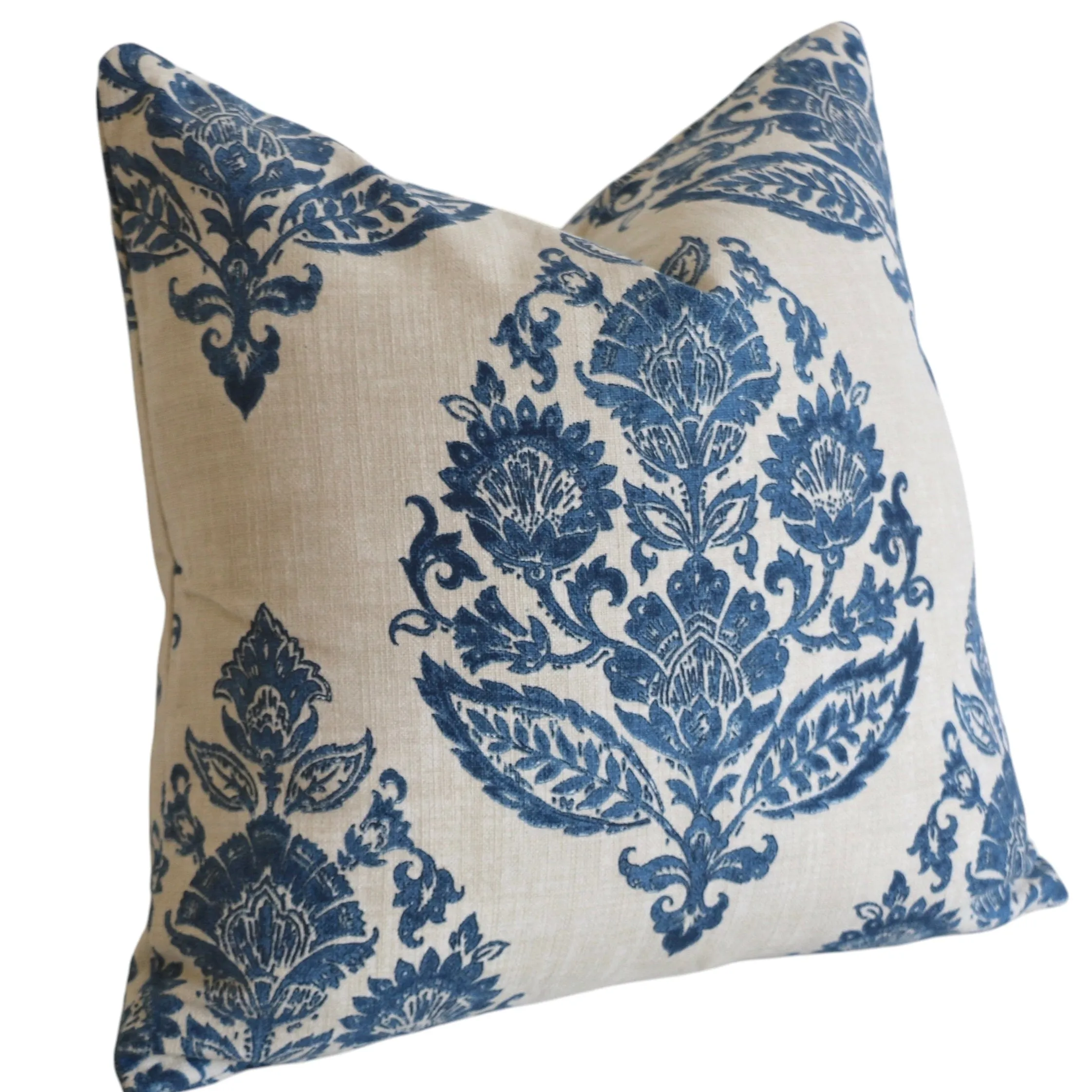 Antique Blue Damask Pillow Cover / Blue Beige Floral Cushion / Damask Pillow Cover / French Country Pillow Cover / Block Print Pillow Cover