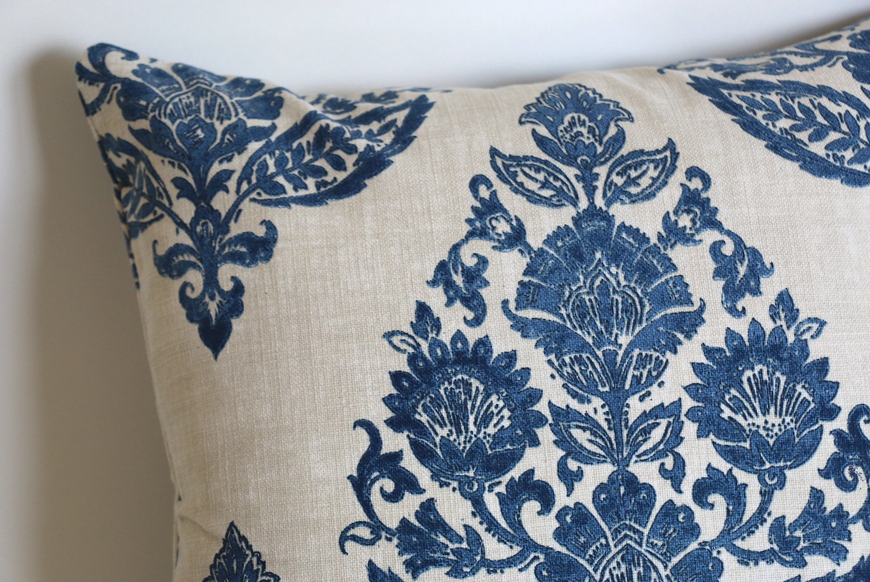 Antique Blue Damask Pillow Cover / Blue Beige Floral Cushion / Damask Pillow Cover / French Country Pillow Cover / Block Print Pillow Cover