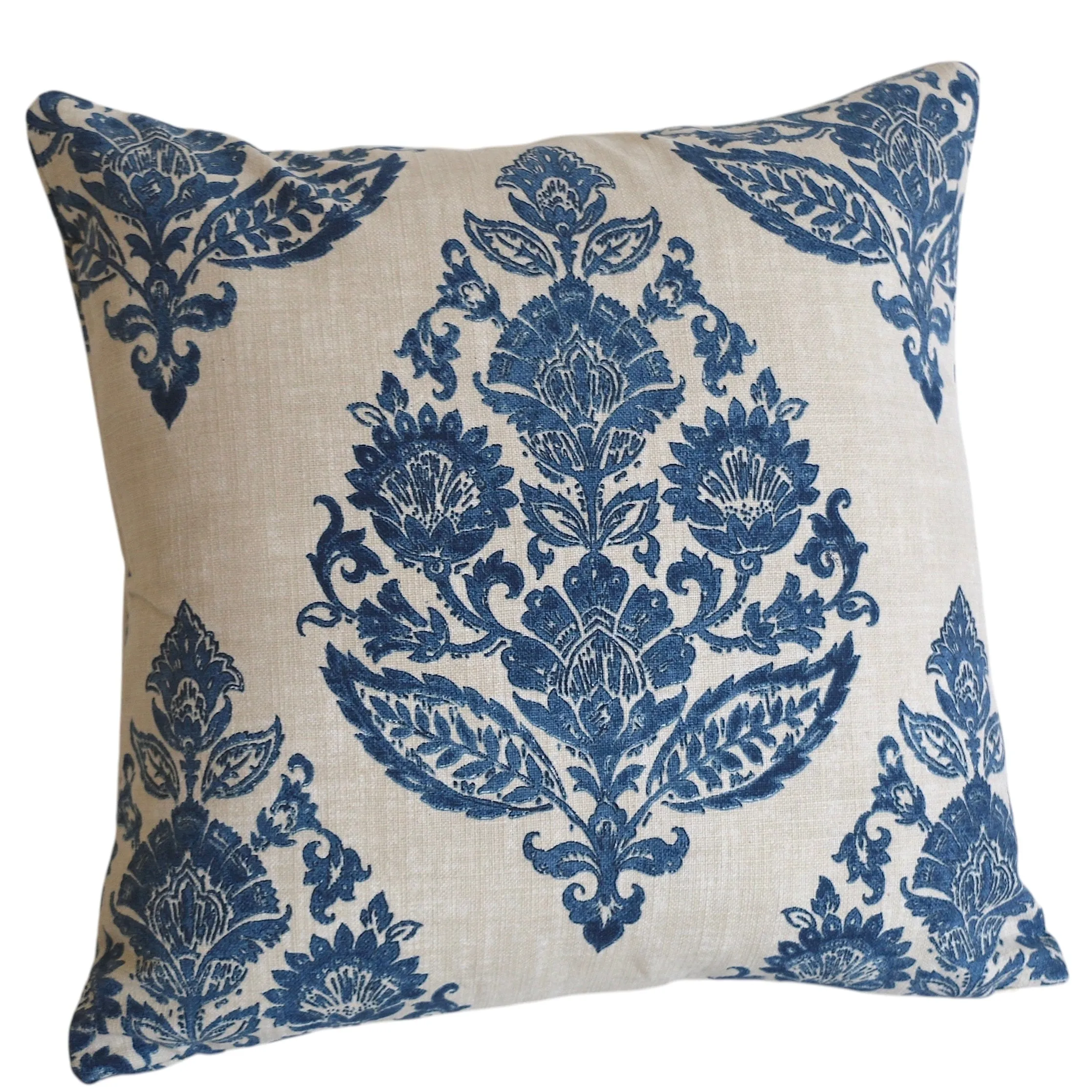 Antique Blue Damask Pillow Cover / Blue Beige Floral Cushion / Damask Pillow Cover / French Country Pillow Cover / Block Print Pillow Cover