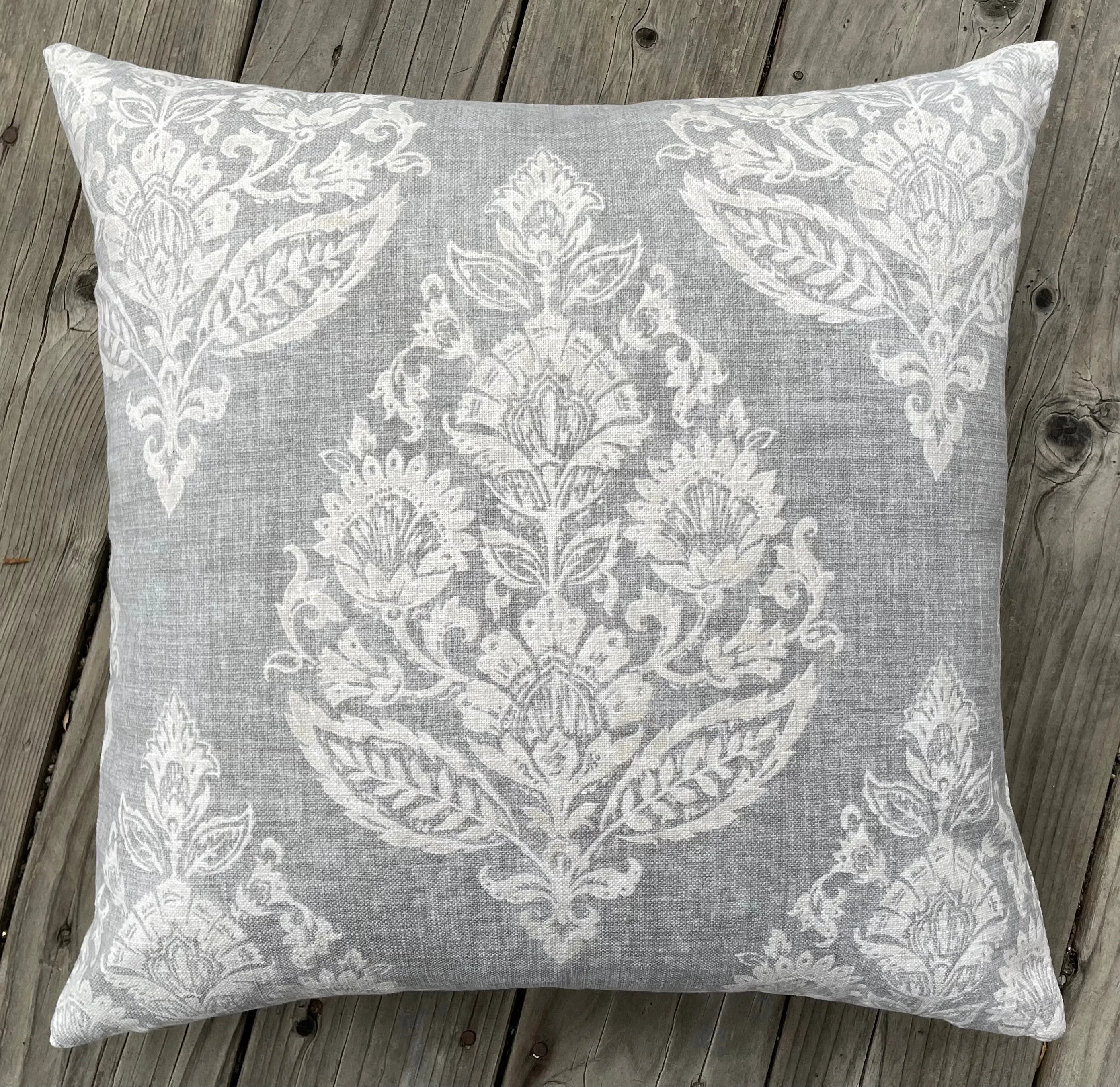 Antique Blue Damask Pillow Cover / Blue Beige Floral Cushion / Damask Pillow Cover / French Country Pillow Cover / Block Print Pillow Cover