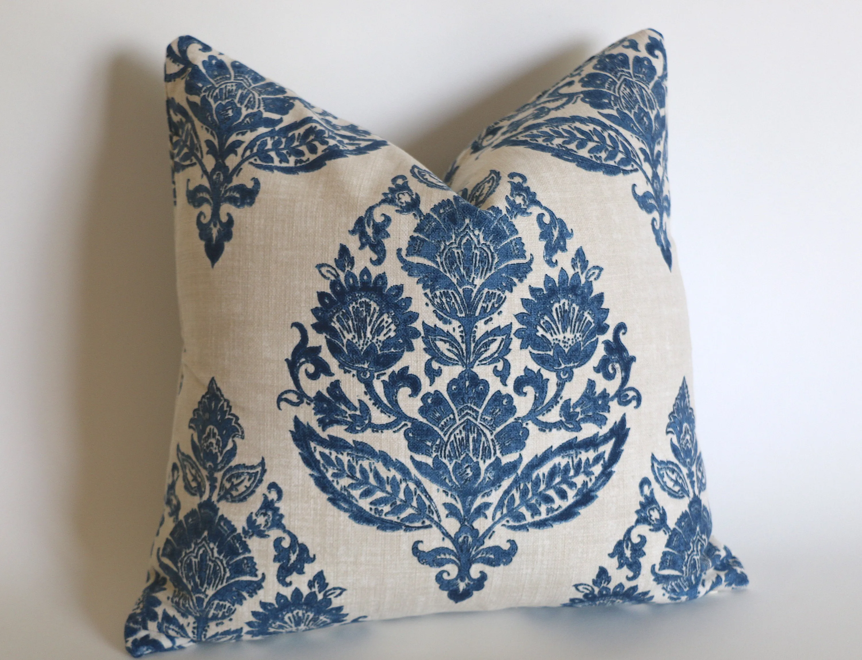 Antique Blue Damask Pillow Cover / Blue Beige Floral Cushion / Damask Pillow Cover / French Country Pillow Cover / Block Print Pillow Cover