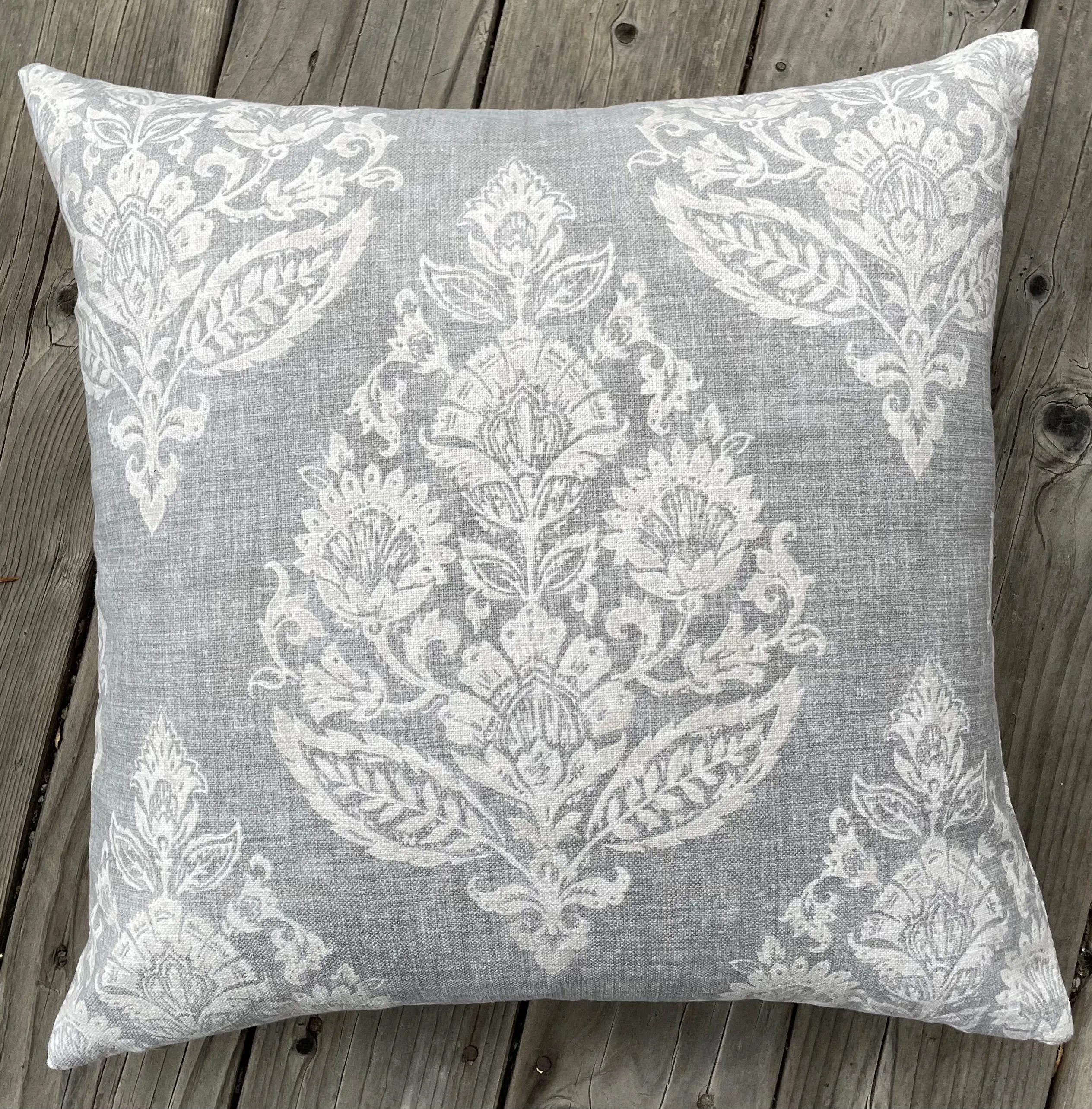 Antique Blue Damask Pillow Cover / Blue Beige Floral Cushion / Damask Pillow Cover / French Country Pillow Cover / Block Print Pillow Cover