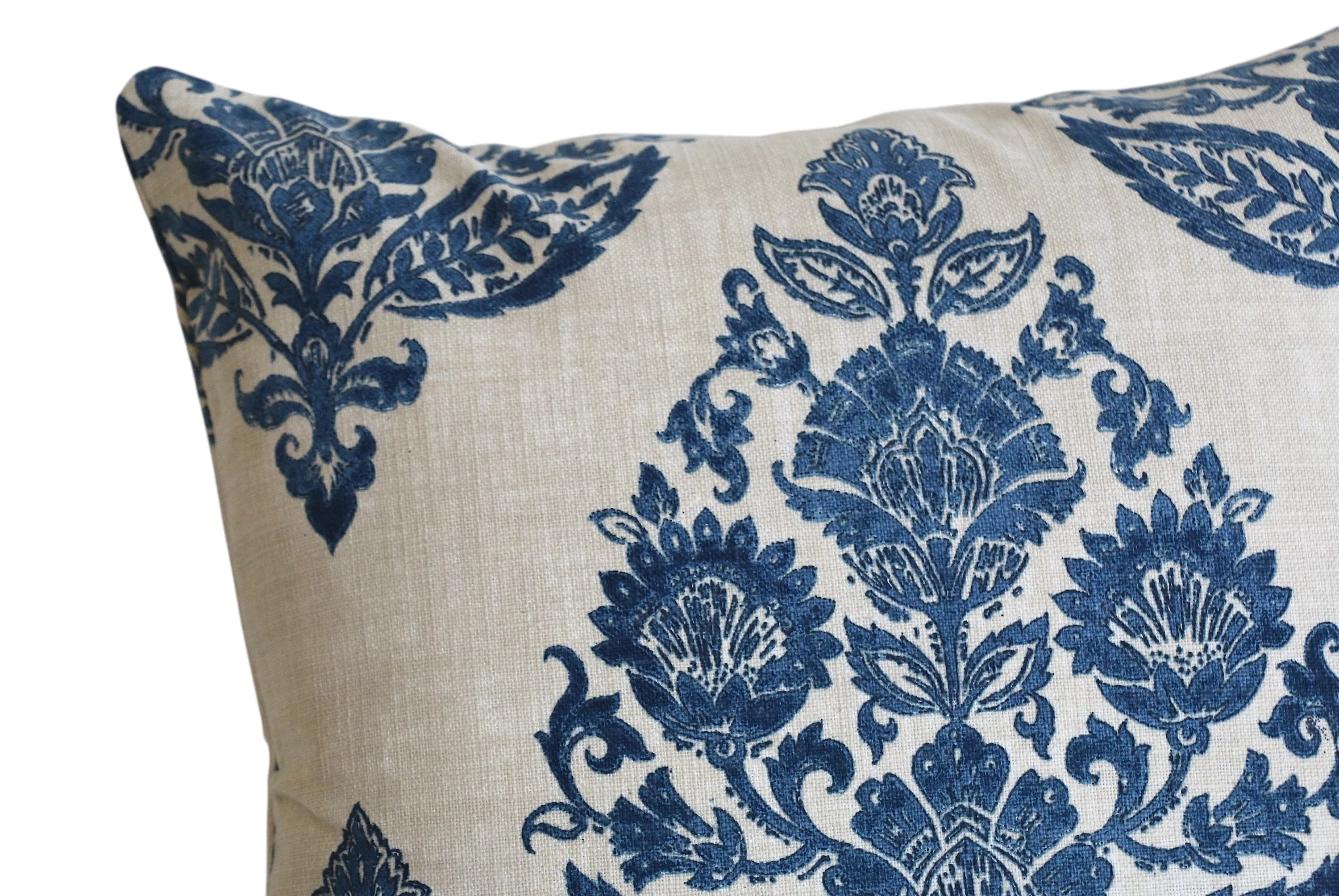 Antique Blue Damask Pillow Cover / Blue Beige Floral Cushion / Damask Pillow Cover / French Country Pillow Cover / Block Print Pillow Cover