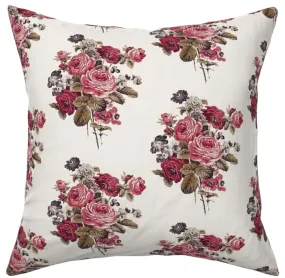 Antique French Roses and Poppies Linen Pillow Cover: Faded Burgundy