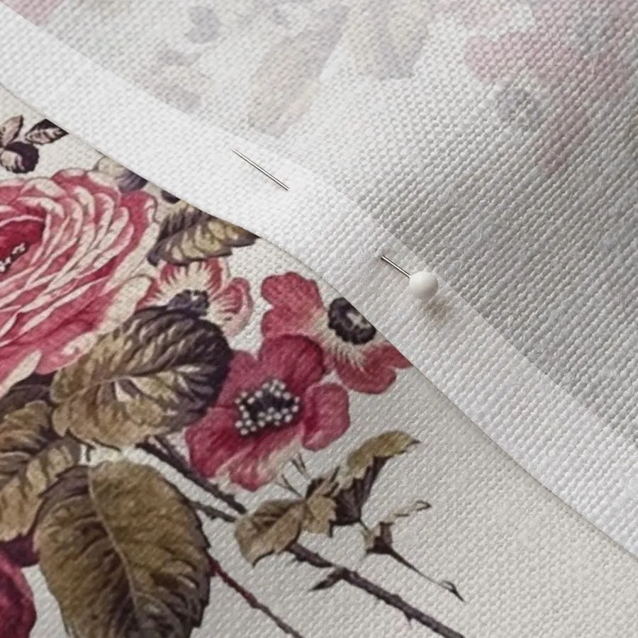 Antique French Roses and Poppies Linen Pillow Cover: Faded Burgundy