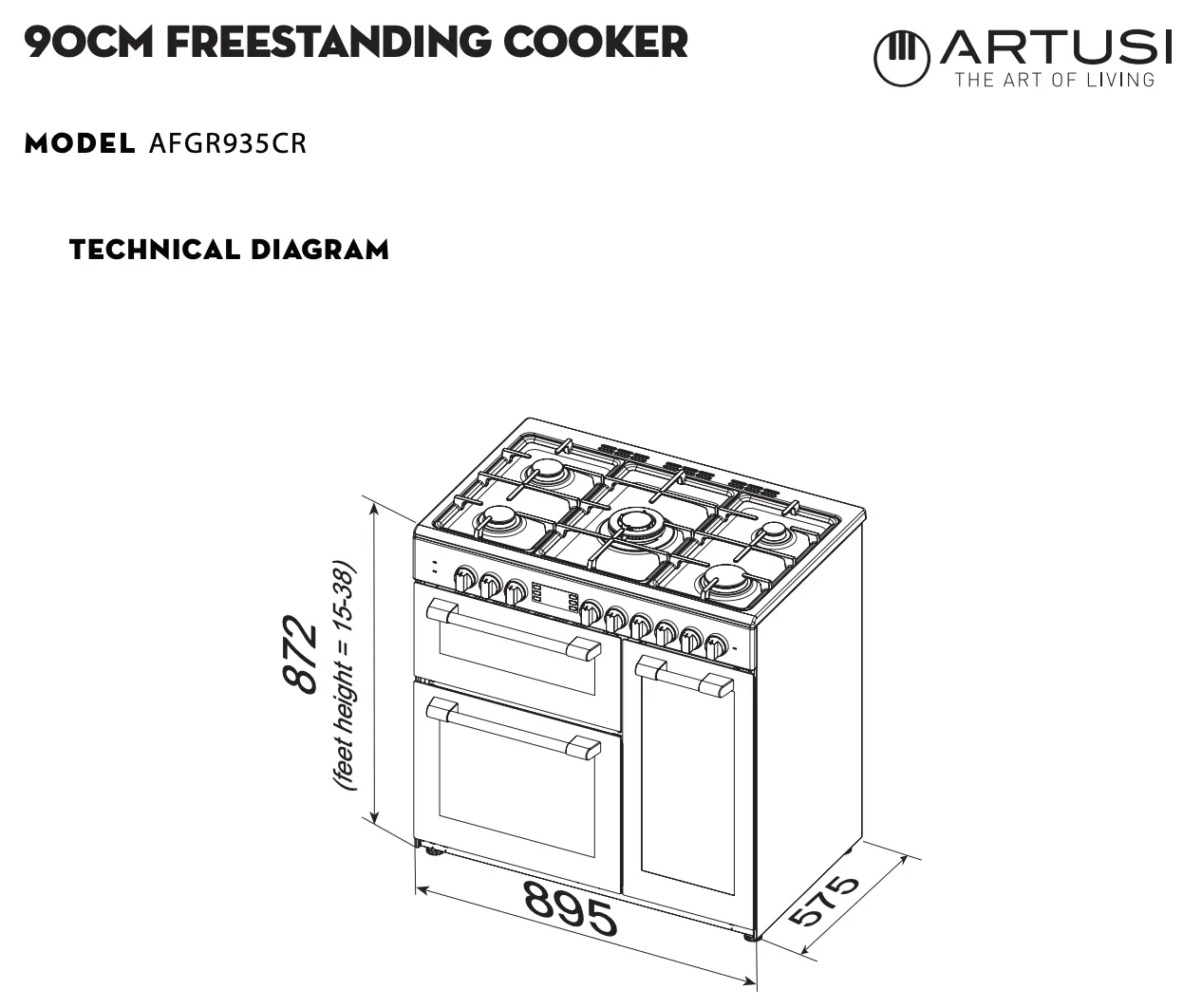 Artusi AFGR935CR Freestanding Cooker 90cm with Gas Hob, Cream