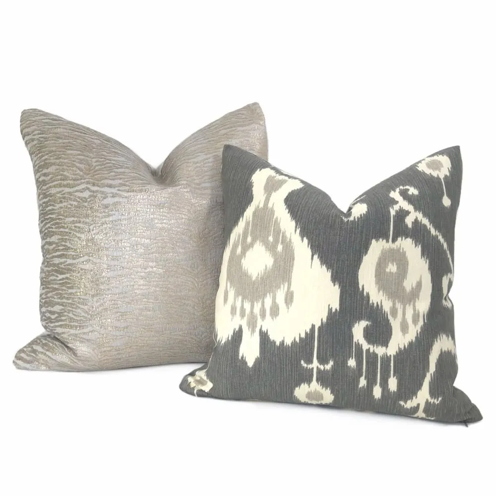 Batam Gray Beige Cream Ikat Cotton Print Pillow Cover