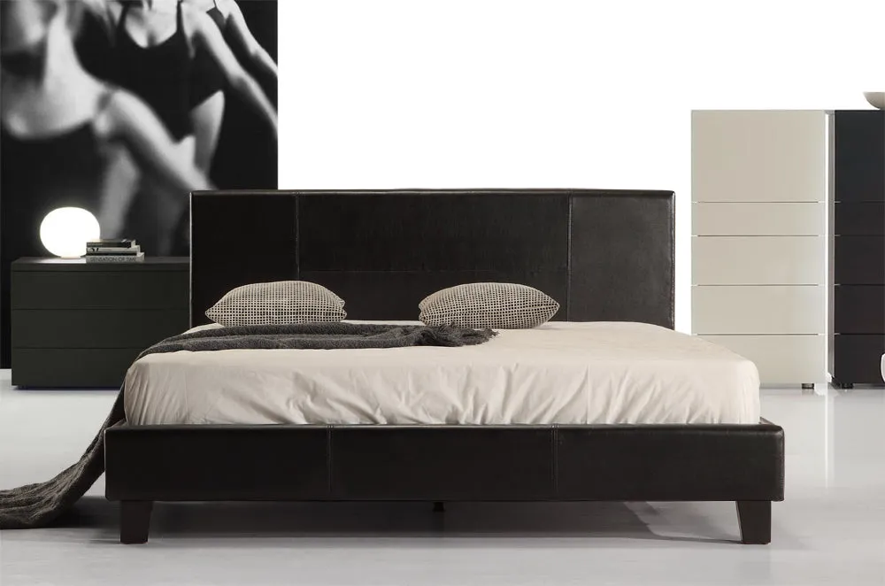 Black PU Leather Double Bed Frame with Stitched Headboard