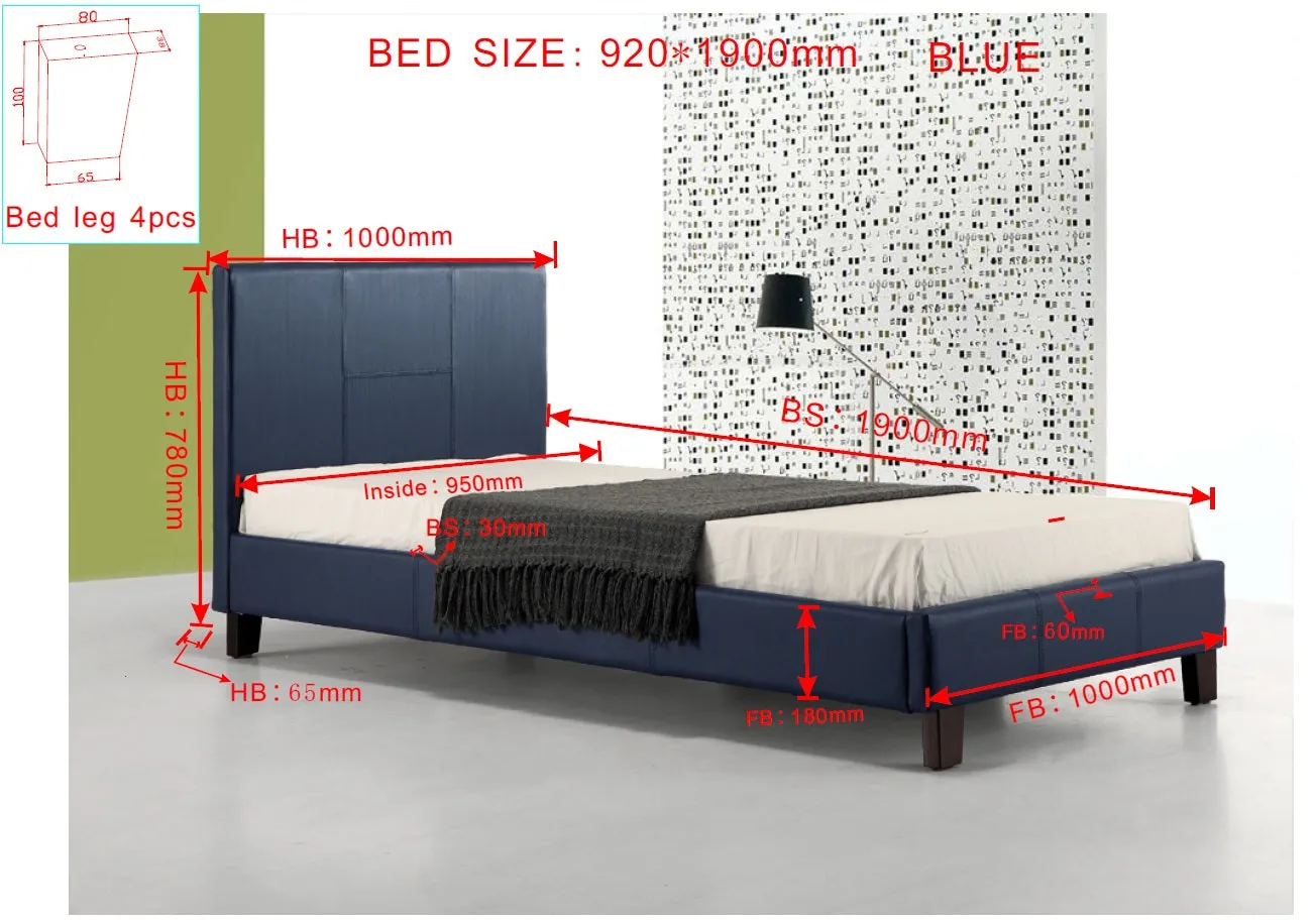 Blue PU Leather Single Bed Frame with Headboard