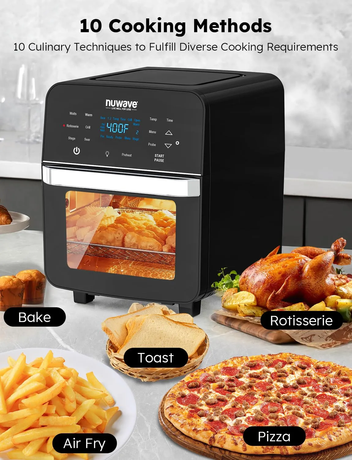 Brio Air Fryer Oven, 15.5Qt X-Large Family Size, SS Rotisserie Basket &amp;-Skewer Kit