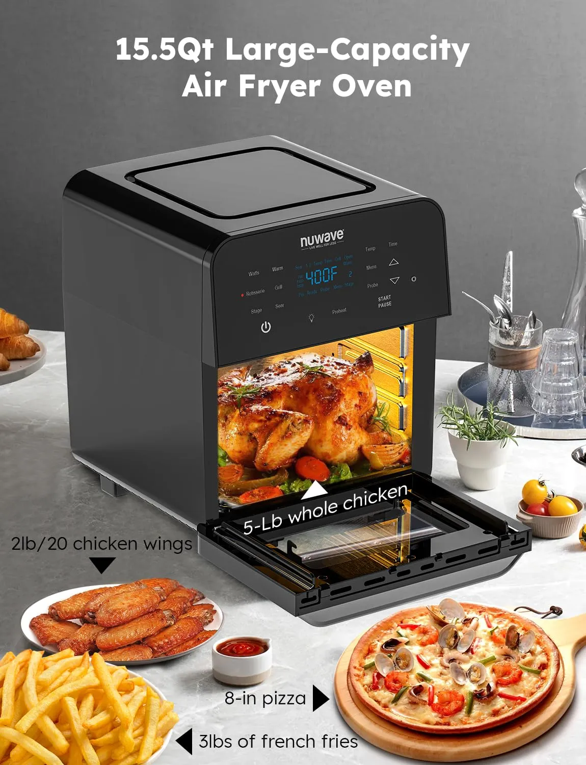 Brio Air Fryer Oven, 15.5Qt X-Large Family Size, SS Rotisserie Basket &amp;-Skewer Kit