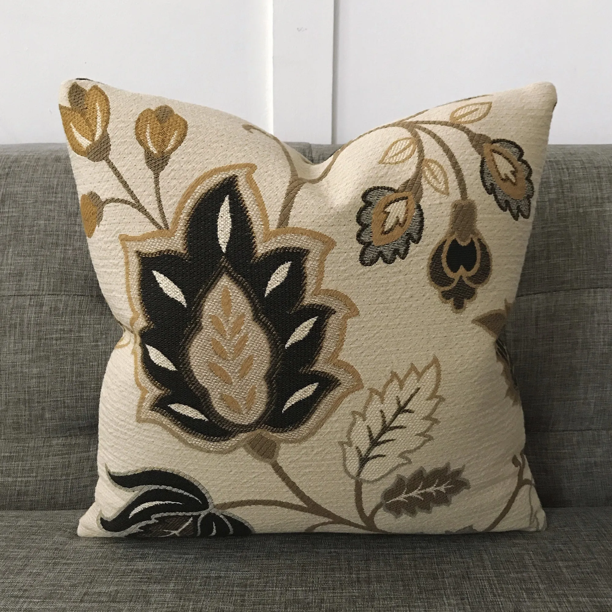 Bronze Floral Embroidered Throw Pillow Cover