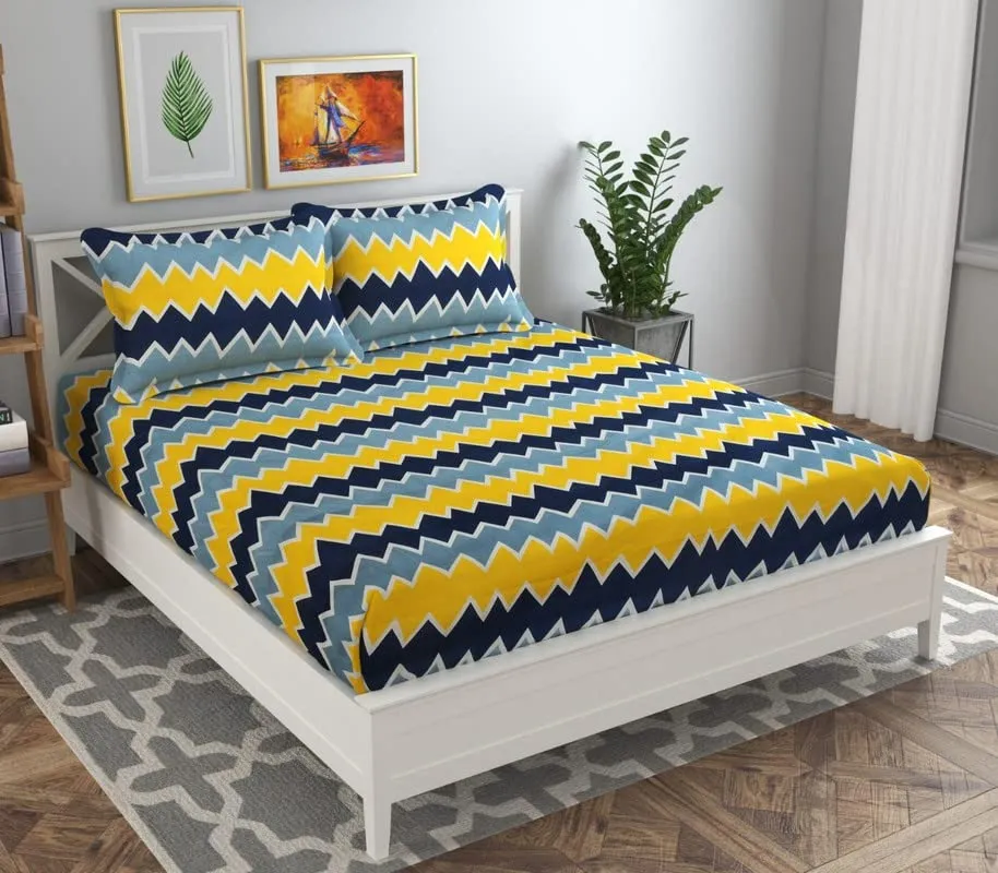 BSB HOME 120 TC Double Printed Bedsheet with 2 Pillow Covers | 110 GSM Soft Brushed Microfiber - Breathable & Wrinkle Free - (86 X 88 Inch, Yellow & Grey & Blue)