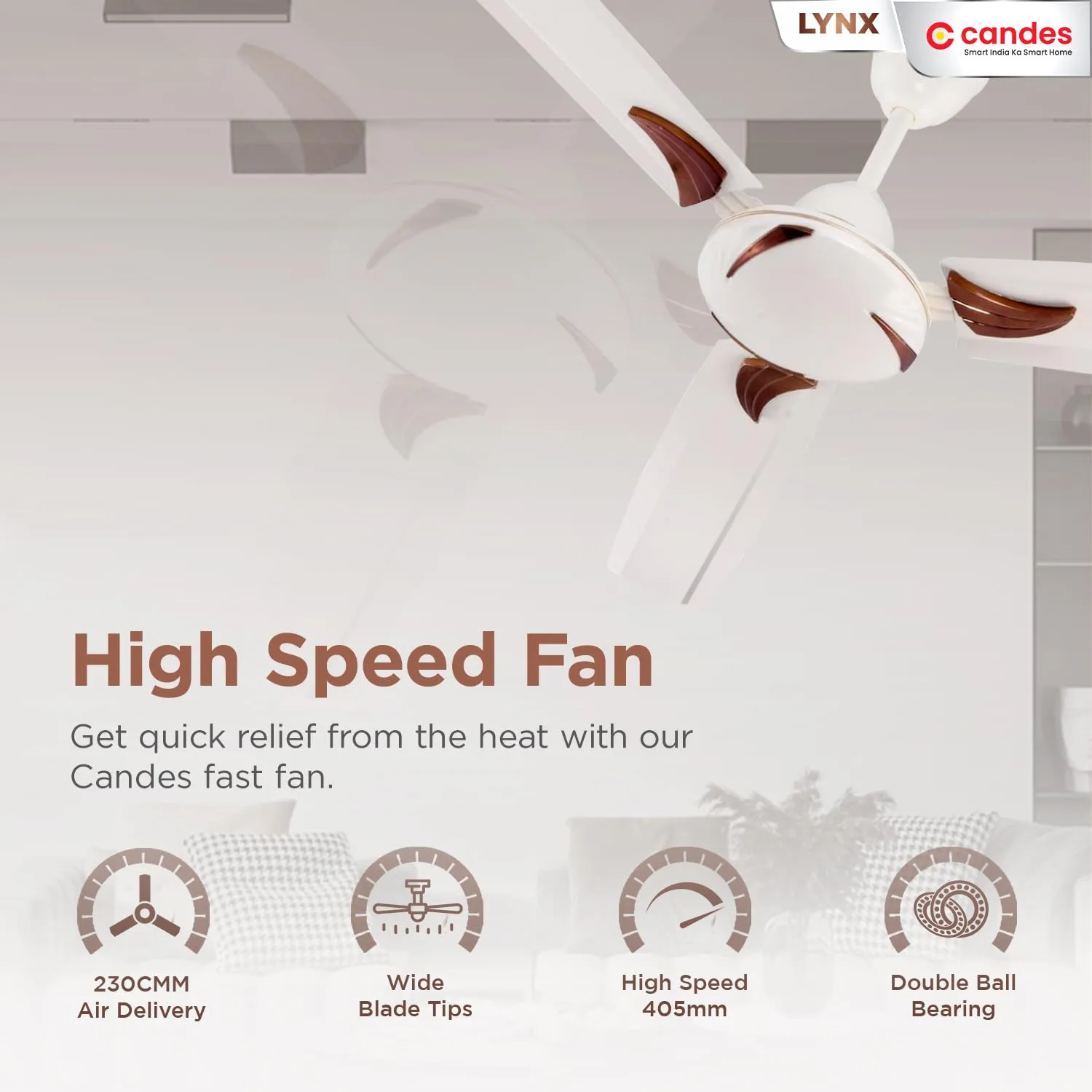 Candes Lynx 1200mm / 48 inch High Speed Decorative 405 RPM (100% CNC Winding) Ceiling Fan 2 Yrs Warranty, Pack of 2 (Ivory)