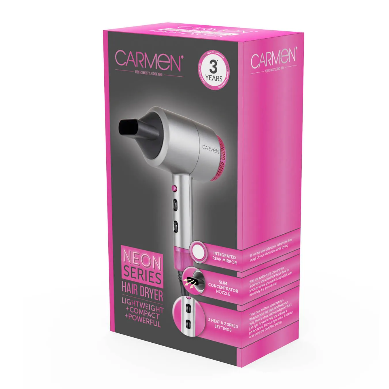 Carmen Professional Hair Dryer Neon DC - Graphite / Pink