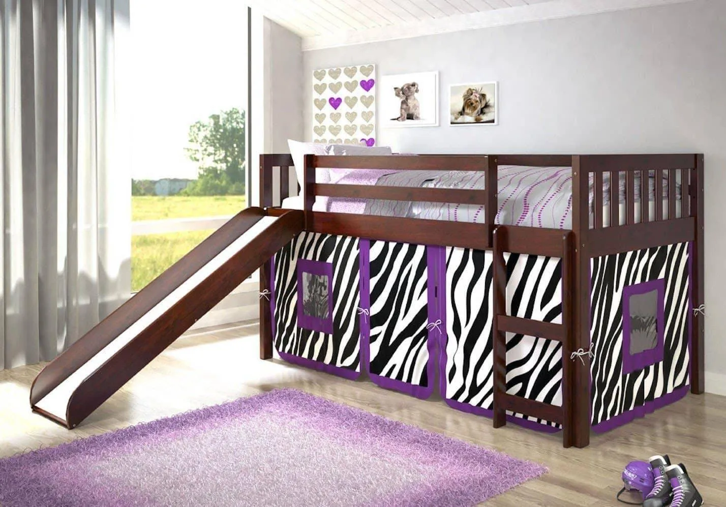 Chloe Loft with Slide & Purple Zebra Tent