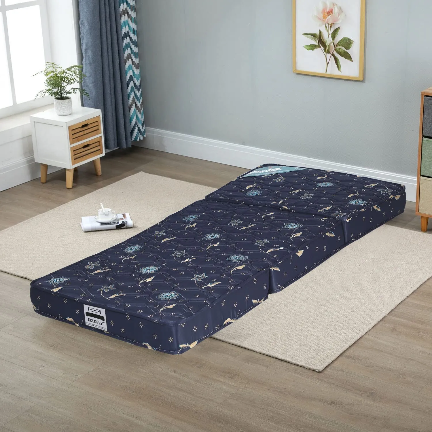 COLOFLY Three Fold 4 inch High Density Soft Bounce PU Foam Mattress Navy Blue (Single 72x35x4 inch)