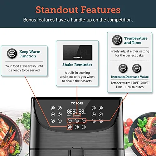 COSORI Air Fryer Oven Combo 5.8QT Max Xl Large Cooker (Cookbook with 100 Recipes), One-Touch Screen with 11 Precise Presets and Shake Reminder, Nonstick and Dishwasher-Safe Square Design Basket, Black