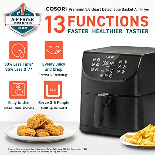 COSORI Air Fryer Oven Combo 5.8QT Max Xl Large Cooker (Cookbook with 100 Recipes), One-Touch Screen with 11 Precise Presets and Shake Reminder, Nonstick and Dishwasher-Safe Square Design Basket, Black