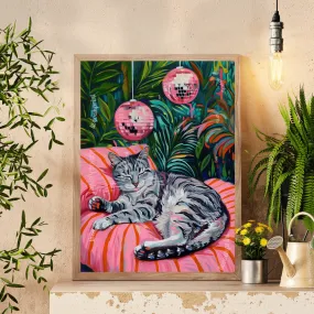 Cozy Gray Tabby Cat - Disco Cat - Gray Striped Cat Print - Disco Ball Print - Boho Wall Art-  Eclectic Bedroom Art - Disco Print