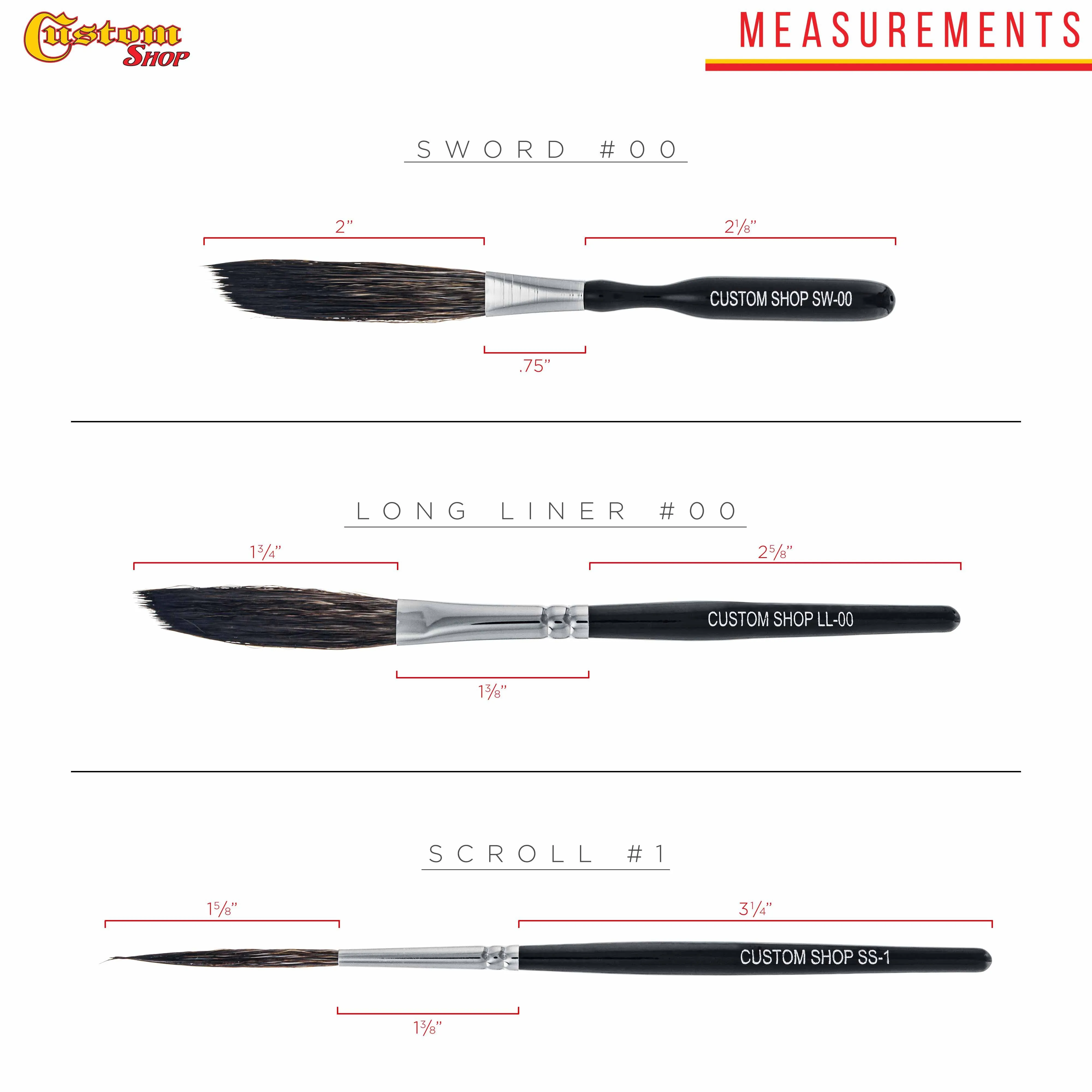 Custom Shop Starter Pinstripe Brush Kit (Sword #00, Scroll #1 & Long Liner - #00)