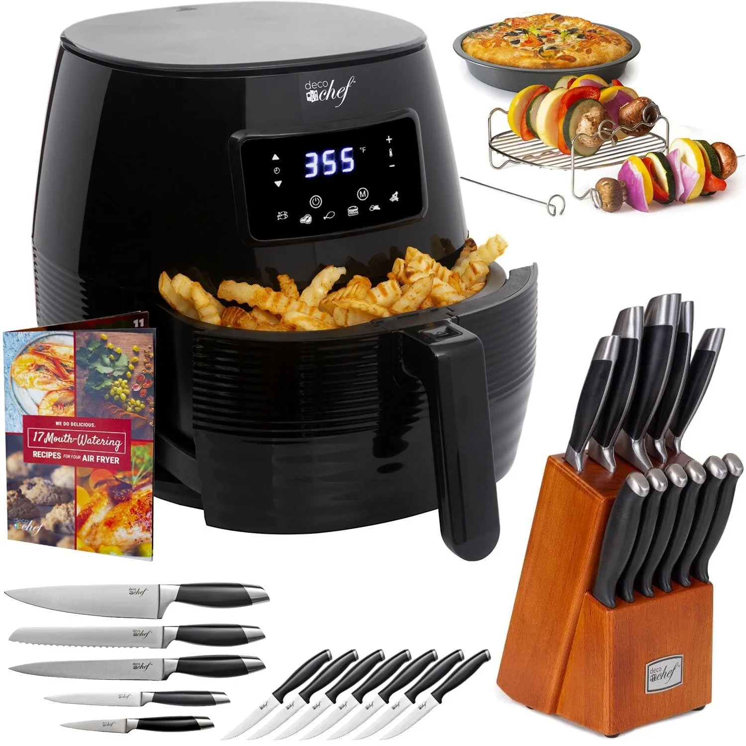 Deco Chef Digital 5.8QT Electric Air Fryer (Black) with Gourmet 12-Piece Knife Set