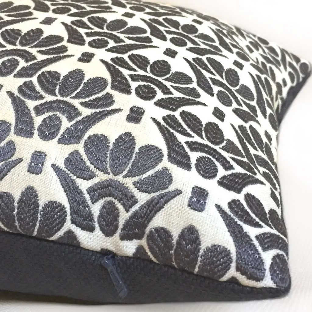 Designer Dark Gray Cream Floral Motif Pillow Cover