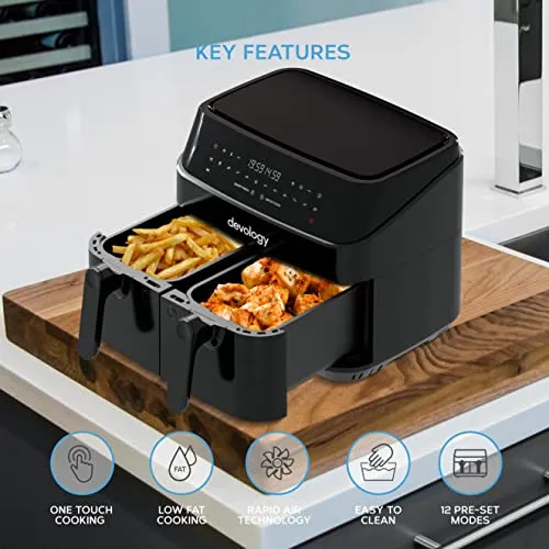 Devology Double Air Fryer - 9L - 2 x 4.5L Independent Dual Zone Air Fryer