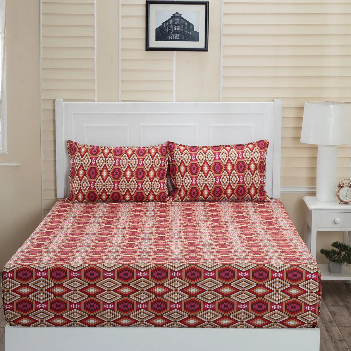 Donatella Aztec Printed 144 TC 100% Cotton Red Bed Sheet