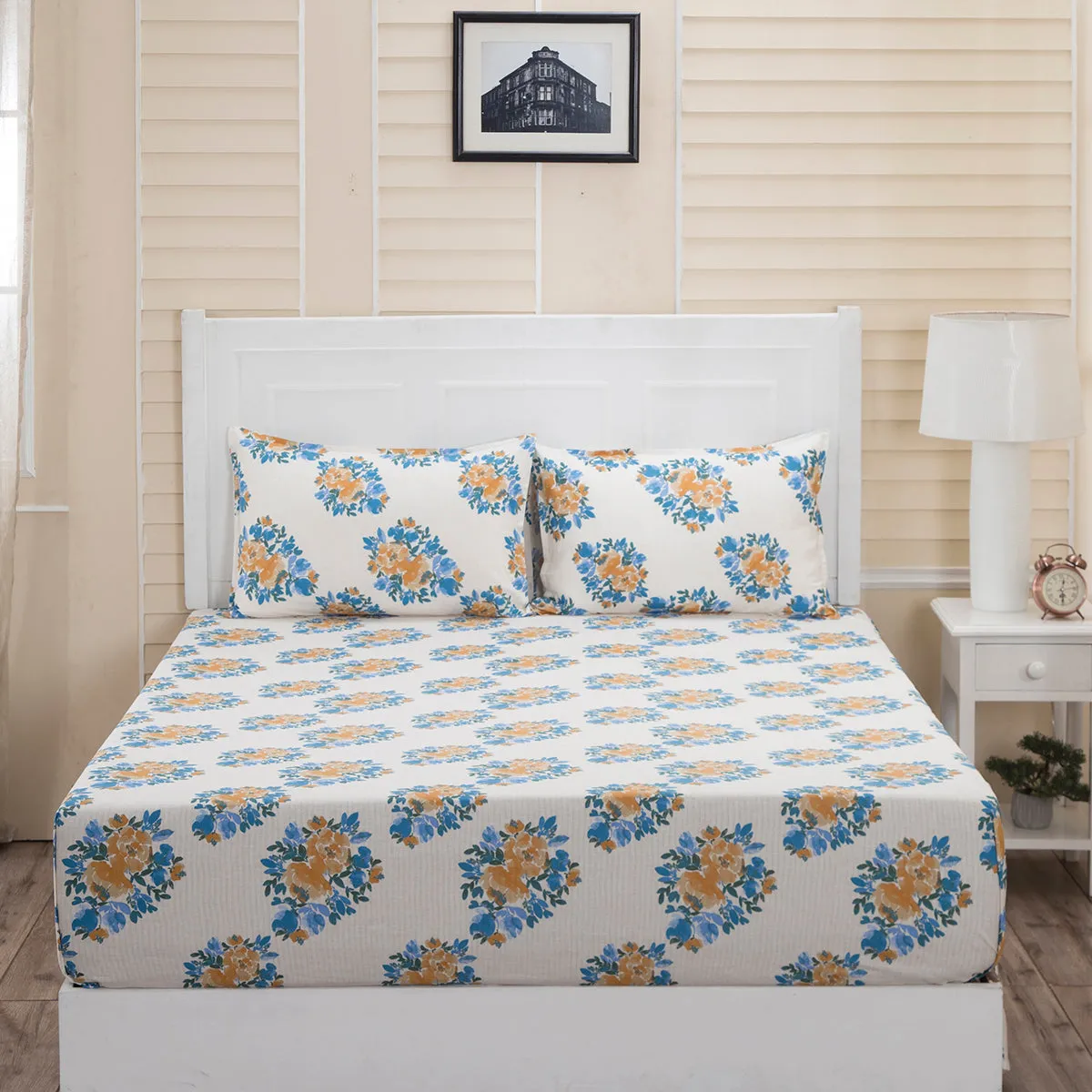 Donatella Carin Printed 144 TC 100% Cotton Yellow Bed Sheet