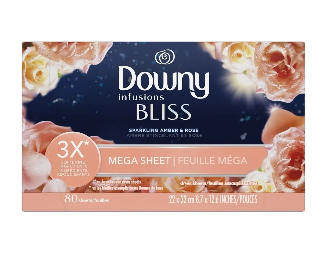 Downy Infusions Mega Dryer Sheets, Sparkling Amber & Rose, 80 Ct