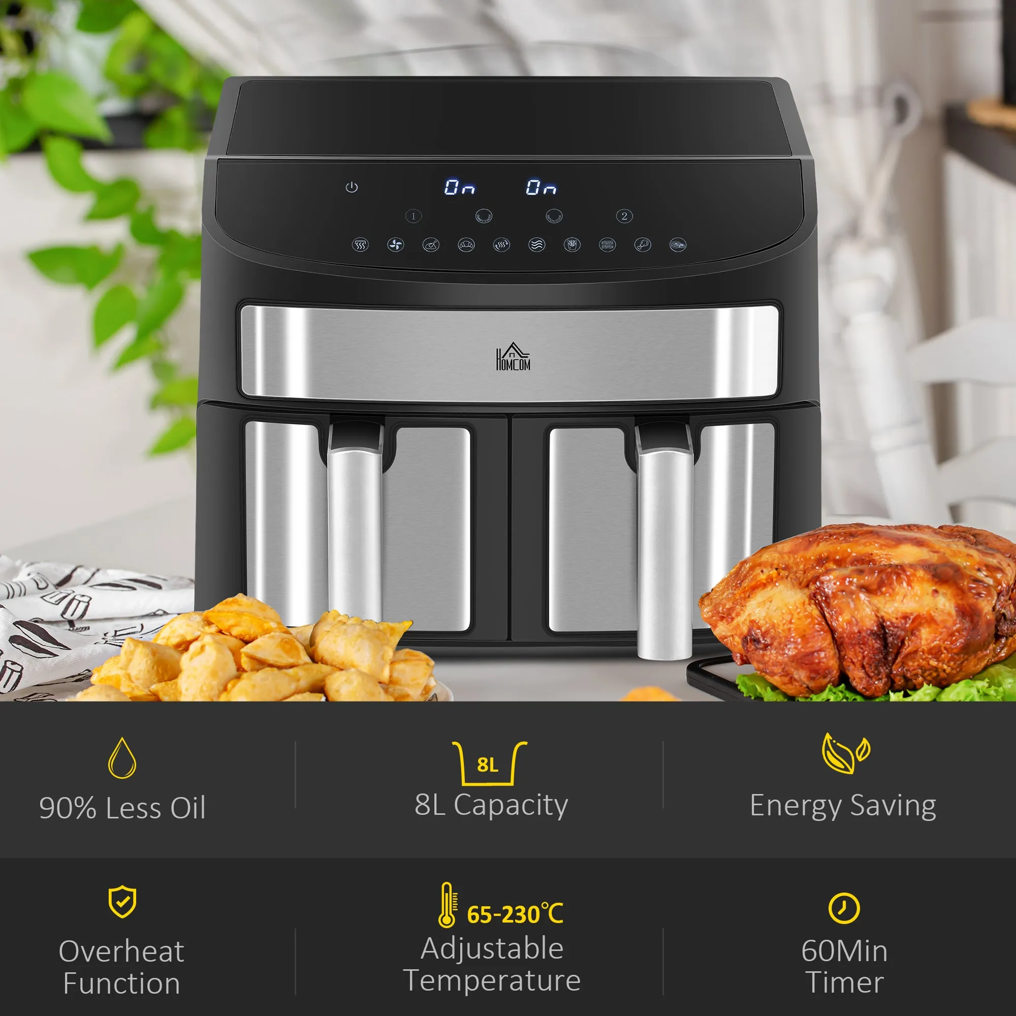 Dual Zone Air Fryer, 10-in-1 8L with Sync Cook & Sync Finish, 60-Minute Timer for Oil Free & Low Fat Cooking, 2400W